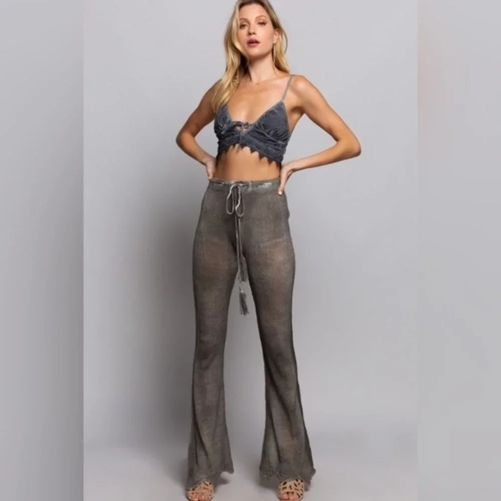 POL | Danni Lounge Lightweight Sweater Pants Boho Coachella Flare Leg Scalloped - Picture 3 of 14